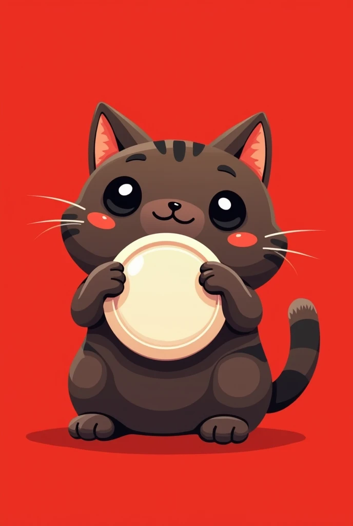 coin logo , tone network , dark brown cat , red background , cat inu , cute, clean, holding a white blank coin,