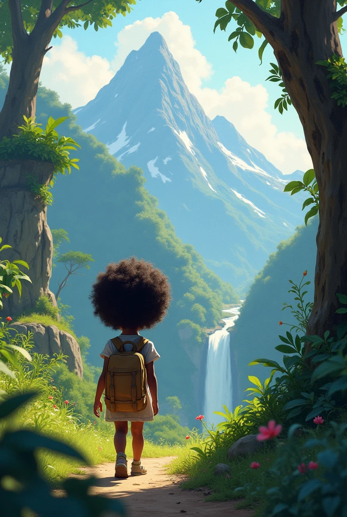 Draw a little black girl with curly hair who was looking for Akira, a mountain.