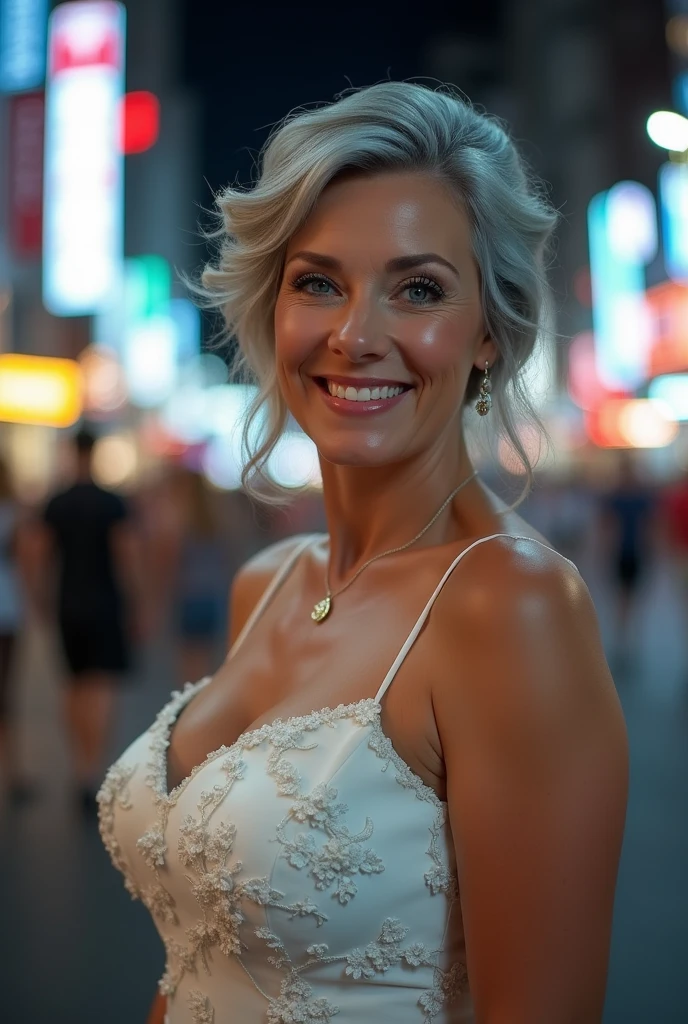 Realistic portrait of a busty woman, 60 years old, wearing an elegant white dress with floral motifs . Location of street city night view background. She must have a natural appearance., curvilinear shapes, blue eyes, gray hair, smile. I took this high resolution image with a 35mm lens to get a good perspective.