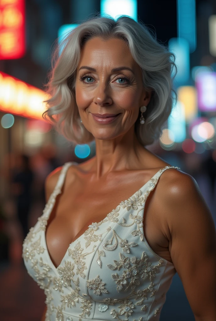 Realistic portrait of a busty woman, 60 years old, wearing an elegant white dress with floral motifs . Location of street city night view background. She must have a natural appearance., curvilinear shapes, blue eyes, gray hair, smile. I took this high resolution image with a 35mm lens to get a good perspective.
