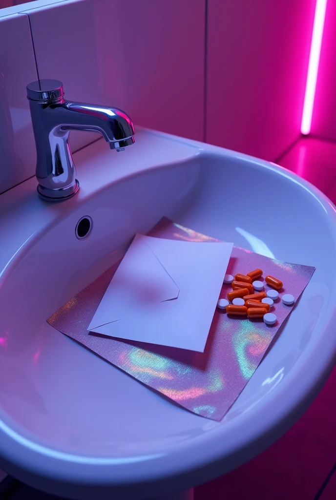 A white letter envelope lying next to orange and white pills and a sheet of LSD, both lying in the white sink of a nightclub with psychedelic purple neon lights