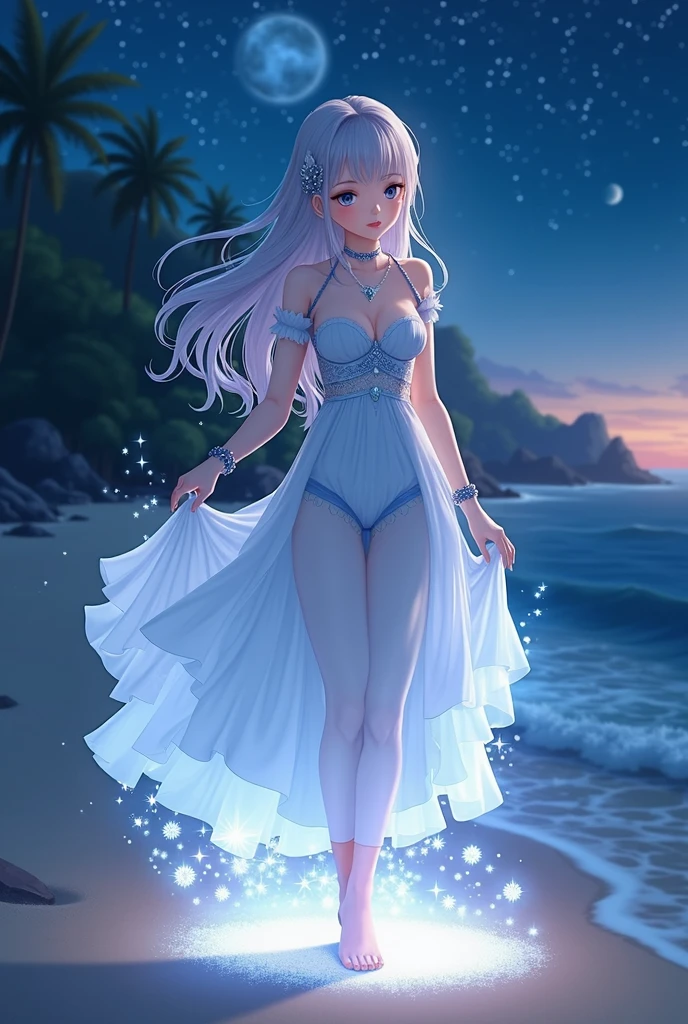 Elza from frozen 2 naked masturbating on the seashore at night licking her feet