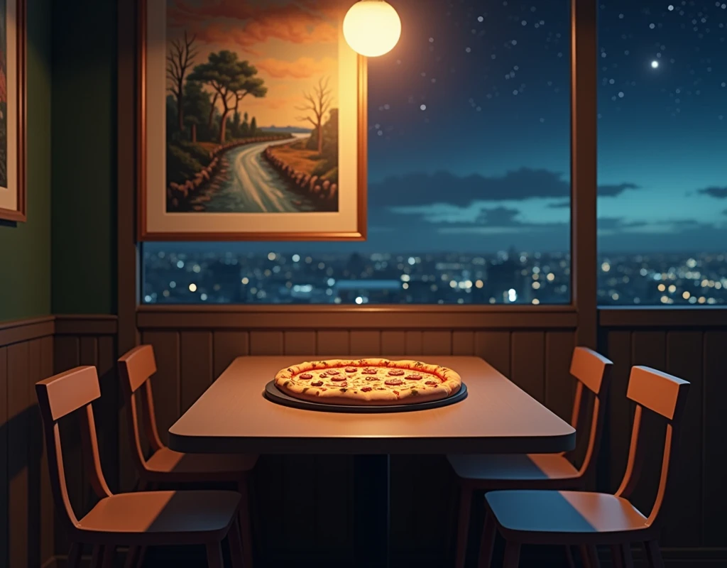 only one table, 3 chairs, a cheese and ham pizza on the table, with no one sitting, an artistic painting in the background, anime style night inside a pizzeria