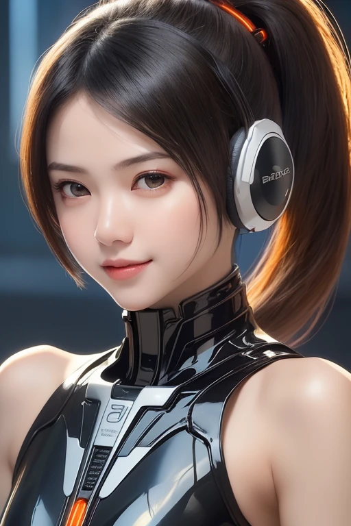 Top Quality, Masterpiece, Ultra High Resolution, (Photorealistic: 1.4), Raw Photo, 1 Girl, Black Hair, Glossy Skin, 1 Mechanical Girl, (((Ultra Realistic Details)), Portrait, Global Illumination, Shadows, Octane Rendering, 8K, Ultra Sharp, Intricate Ornaments Details, realistic skin, sweat effect, ((wearing Headphone)), very intricate detail, realistic light, CGSoation trend, brown eyes, glowing eyes, matte black and glossy orange mechanical bodysuit, Long hair, black hair, Ponytail hair, full body shot, spaceship bridge background, dynamic pose, smile, close up, 