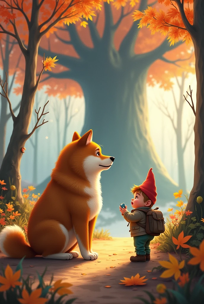 Towering Tree々and、A serene and fantastical forest landscape with sunlight filtering through the trees。The season is autumn。A huge, fluffy Shiba Inu、It has soft and rounded characteristics、赤茶色の毛皮をまandって、Standing on a dirt path。The Shiba Inu、Small object with front paws（For example, a bowl）I have。Before that、A little dwarf、Carrying a rucksack on your back、In outdoor clothes、The dog is looking up at the dog in surprise.。The atmosphere is peaceful and a little magical.、驚きand静けさを感じさせるファンタジーの要素を含んでいます
