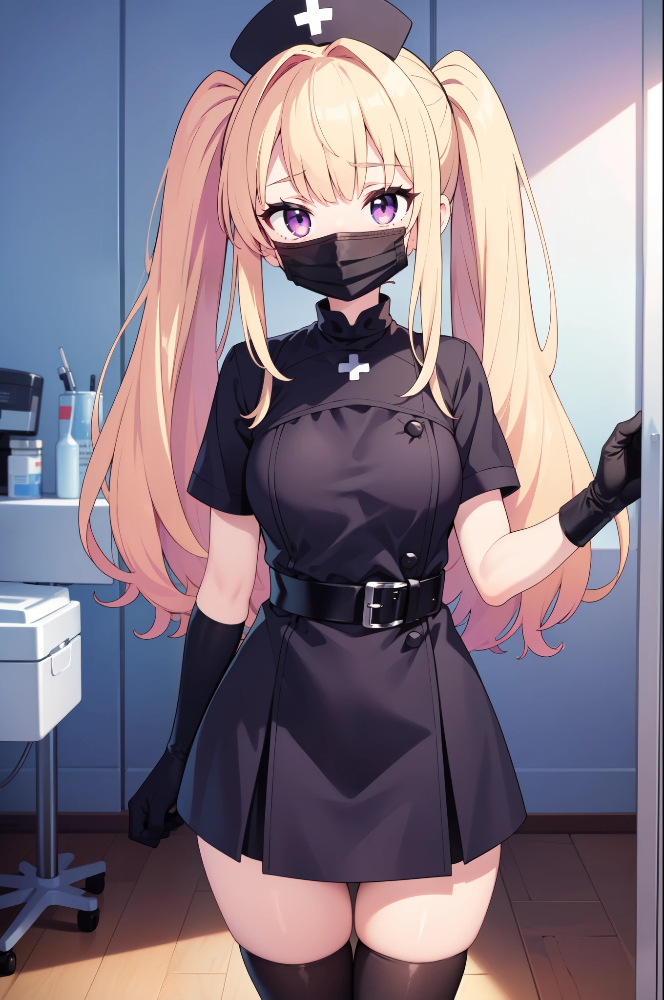 black nurse, 1girl, solo, black nurse cap, black nurse uniform, ((black legwear, zettai ryouiki)), black elbow gloves, twintails, yellow hair, purple eyes, ((black surgical mask, covered nose)), standing, ((surgery room)), sharp outline, short sleeves, best quality, masterpiece