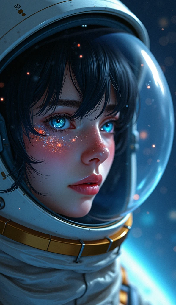 (profileのクローズアップ:1.5)0.9]、(Space and astronauts:1.2) (Messy black hair:1.1) (Heterochromia and black eyes:1.2) (Space Helmet:1.0) (Colored stars in the eyes:1.0) (Shining Sparkle:1.1) (Thick lips:0.9)、Stars reflected in the helmet々、sorrow、tears、Water droplets inside a helmet、profile