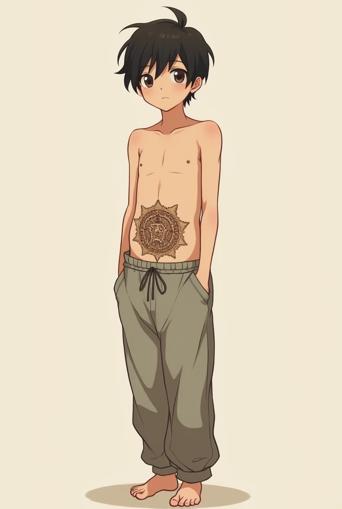 Anime Boy in pajama pants with ancient brand on belly 