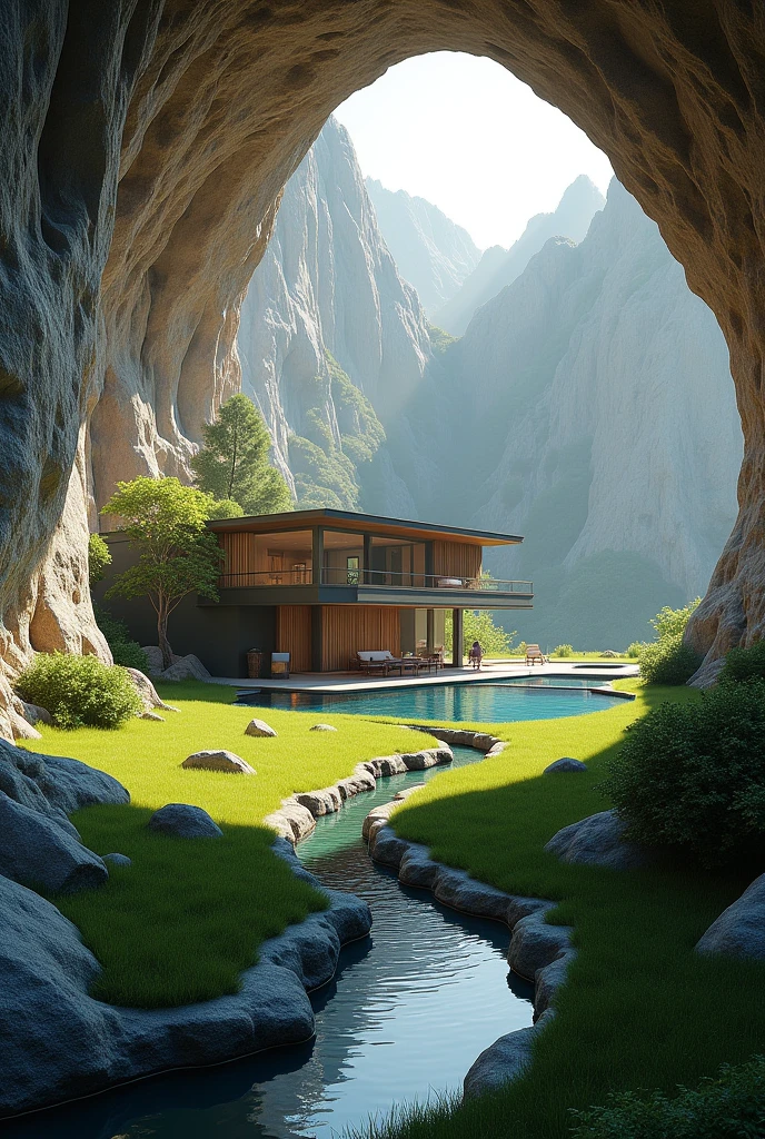 Une immense caverne abritant une maison moderne avec piscine, un ruissaut en forme de tobogant se jette dans l'étang. The floor of the cave is covered with short grass and shrubs.