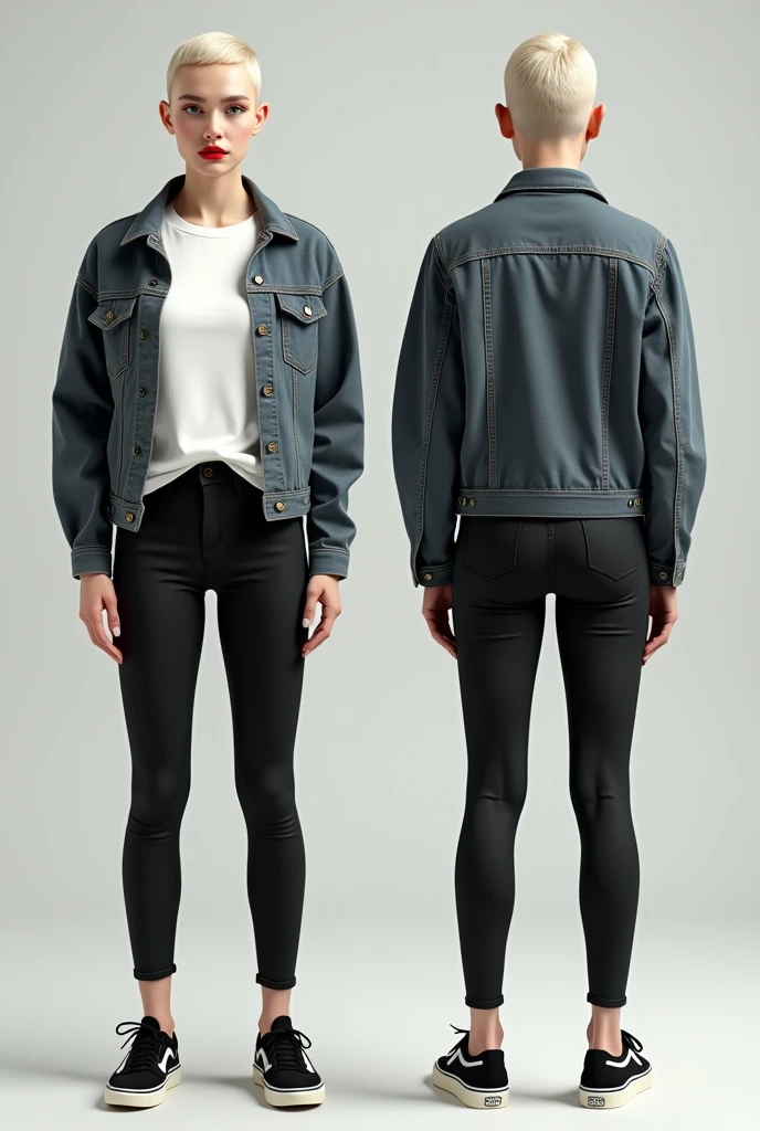  A beautiful trans female Caucasian, tall,buzz haircut,wide hips ,flat chested,wearing oversized white long t-shirt untucked and black tight jeans and black sneakers with white stripes,red lipstick, polished nails, fitting denim jacket , front and back view of her 