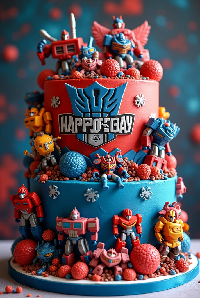 Imagine a magnificent fondant birthday cake adorned with 3D designs of edible miniature transformer robots and vibrant colors. The bold "Happy Birthday Art - Of - Han" edible sticker shown at front side view of the cake