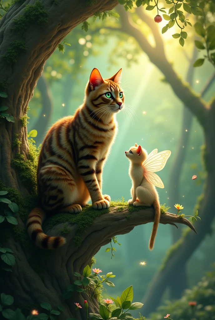Can you make me a cat that is in a tree and is visited by a fairy godmother? (