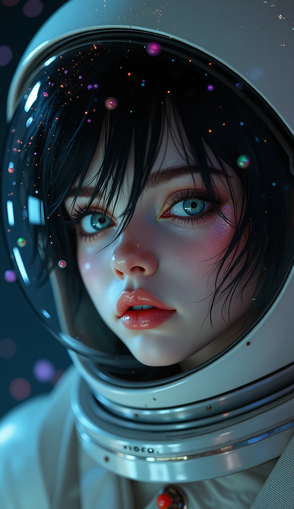(Face close-up:1.5)0.9]、(Space and astronauts:1.2) (Messy black hair:1.1) (Heterochromia and black eyes:1.2) (Space Helmet:1.0) (Colored stars in the eyes:1.0) (Shining Sparkle:1.1) (Thick lips:0.9)、Stars reflected in the helmet々、move、tears、Water droplets inside a helmet