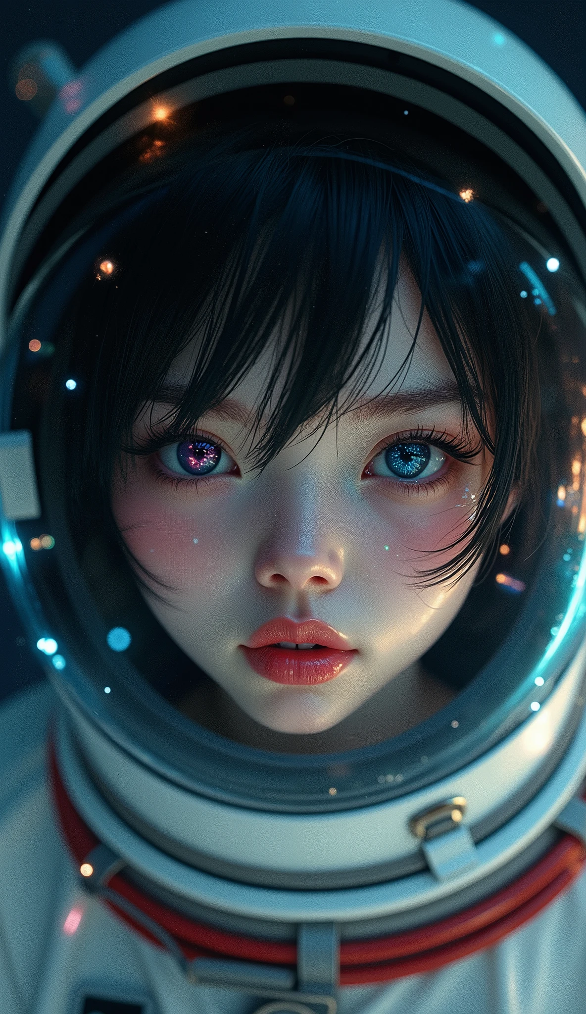 (Face close-up:1.5)0.9]、(Space and astronauts:1.2) (Messy black hair:1.1) (Heterochromia and black eyes:1.2) (Space Helmet:1.0) (Colored stars in the eyes:1.0) (Shining Sparkle:1.1) (Thick lips:0.9)、Stars reflected in the helmet々、move、tears、Water droplets inside a helmet