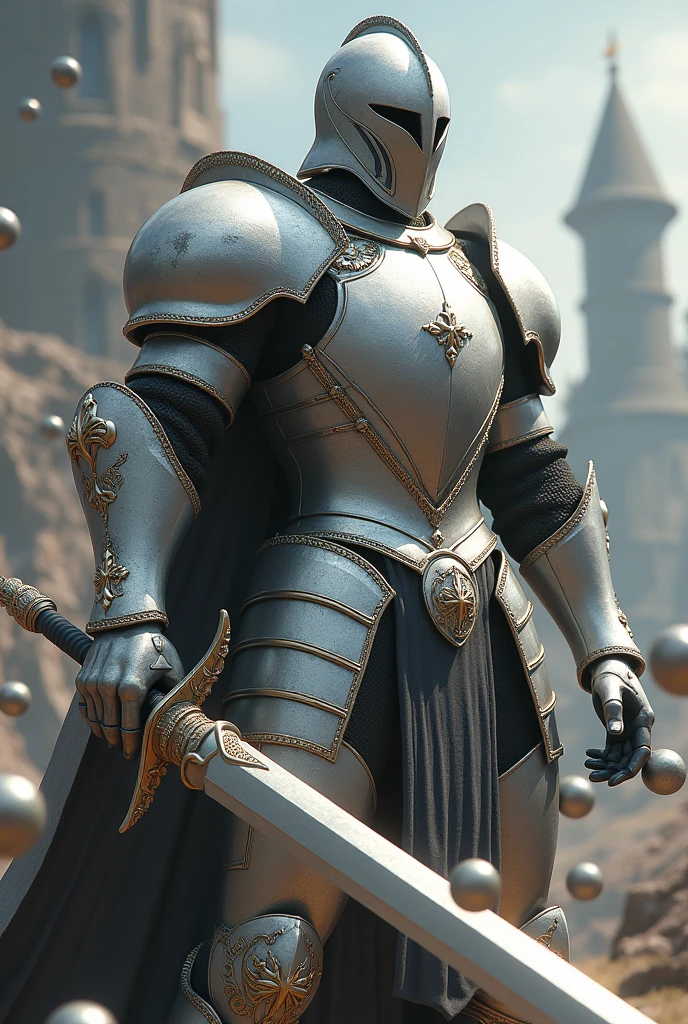 Knight in silver armor and a closed silver helmet throwing metal spheres
