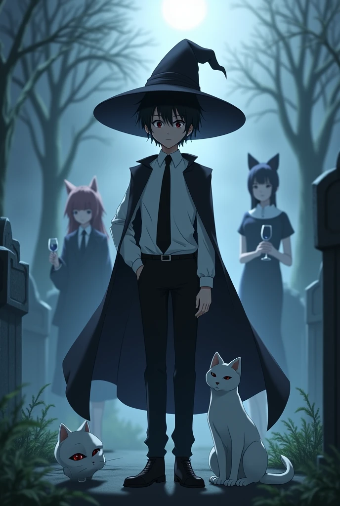 Anime boy with a witch's hat and a costume with a white shirt and a black tie and black pants in a cemetery and behind him a white cat and the environment is at night with fog and the boy has a cape and on the ground there is a white cat mask a su frente partida y su detrás del chico una chica con su mismo vestuario del chico con una copa de vino en su m mano y que sea estatura mediana