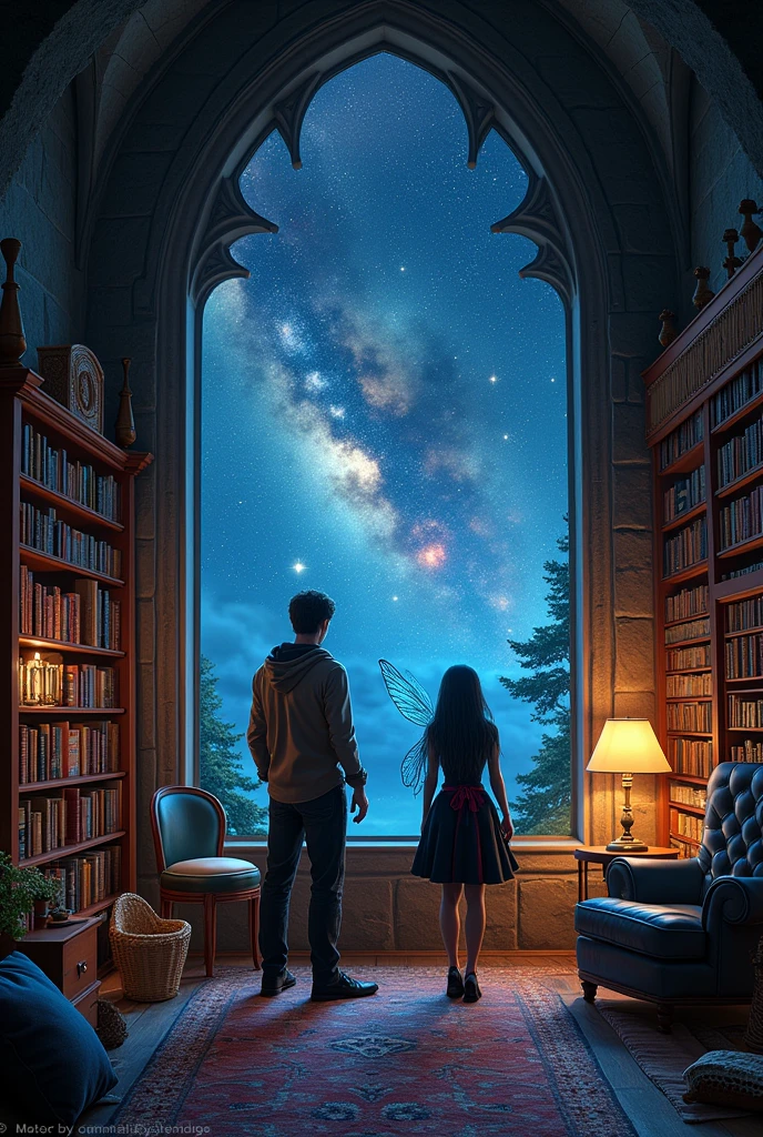 Image of the interior of a fairy retreat in outer space with a library with space for reading and creativity. Furniture with Gothic architectural features and in cool colors, window overlooking the galaxy. Window shows it&#39;s night. Cozy vibe. Fairy with dark hair and black and red clothes, a man by your side, both watching the window