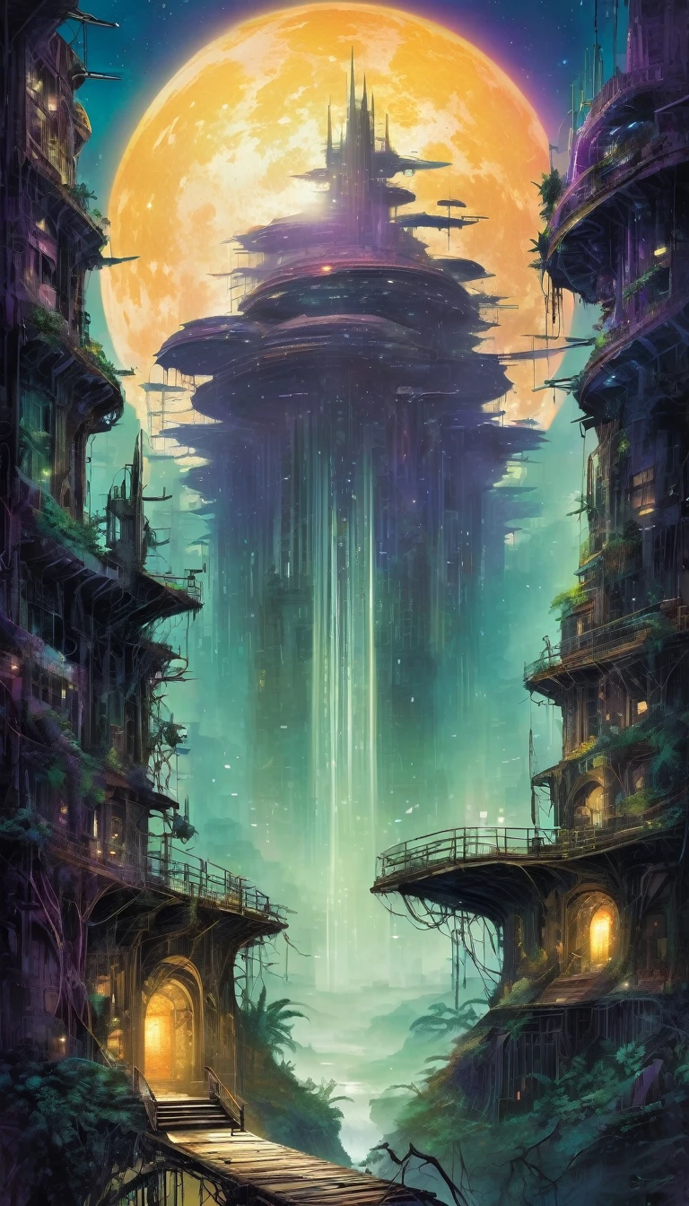 Enter the mysterious nighttime expanse of a deserted city, where moonlight cascades down on the skeletal remains of wooden structures, intertwined with the sturdy tendrils of jungle vegetation. Arriba, The cosmic tapestry is interrupted by the great spaceship. A surreal alliance of desolation and extraterrestrial presence unfolds beneath the twin moons, creating an enigmatic atmosphere over the abandoned cityscape -inspired by the art of Bill Sienkiewicz and Dave McKean