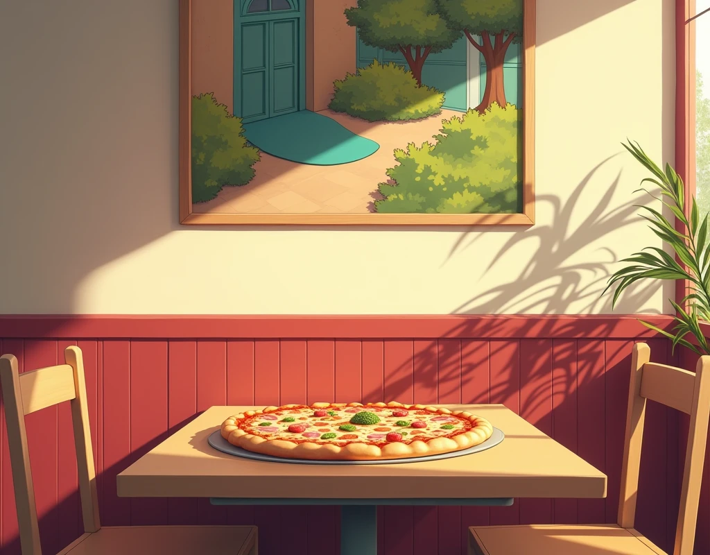 only one table,  3 chairs, a cheese and ham pizza on the table, with no one sitting, an artistic painting in the background, in anime style inside a pizzeria