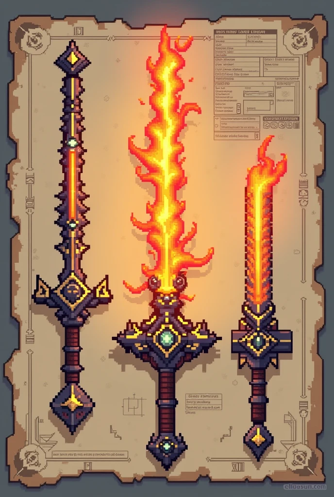 Create a sword for Minecraft pixel art a sword on a paper as a drawing as a floor plan of a project to do in several perspectives, should look like a rare hot fire blade