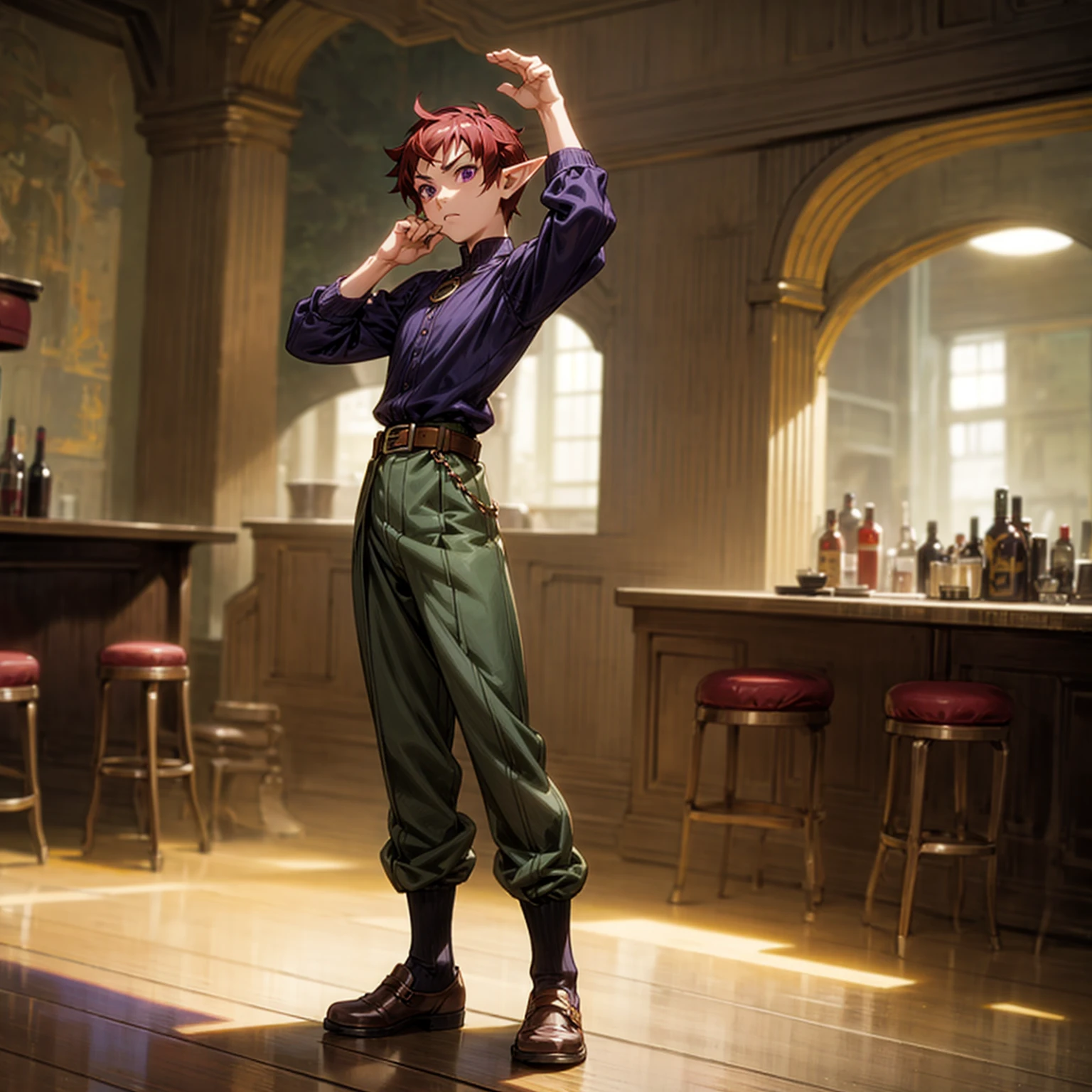 Solo character, full body version, kid boy, muscle, (elf), purple eyes, red color hair, undercut hair, black shirt, brown long pants, shoes, belt, indoor, bar, town, medieval, standing gesture, detailed background, detailed clothing, detailed hair, (Makoto shinkai style art)