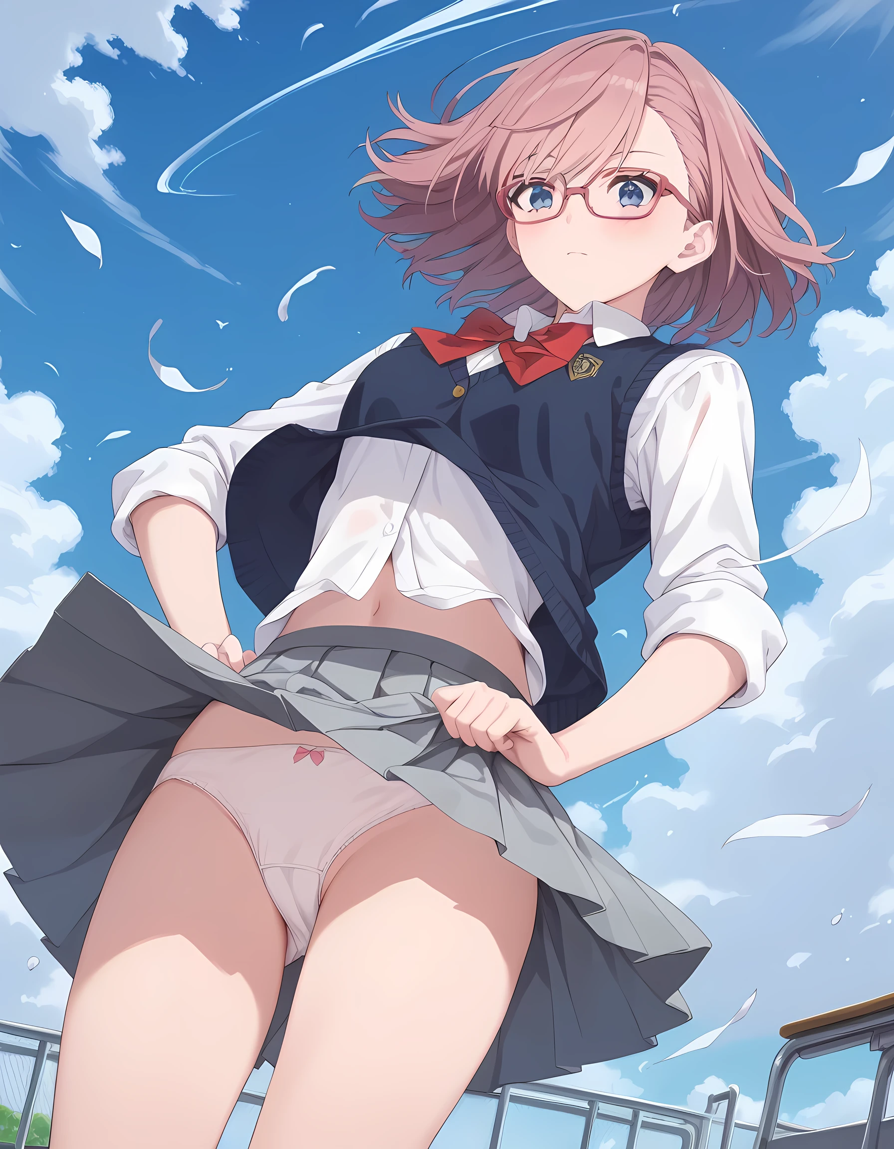 score_9, score_8_superior, score_7_superior, masterpiece, best quality, absurdres, high_fidelity, vibrant, sauce_anime, (rating_explicit:1.1), ririsaamano, short hair, glasses, blue eyes, pink hair, bangs, skirt, bow, school uniform, jacket, pleated skirt, gray skirt, vest, collared shirt, white , underboob, (wind, wind lift, Skirt lifted by the wind, skirt rolled up by the wind, Skirt flutters:1.5), (Fully exposed panties(white panties:1.5), ng :1.2), from below, cowboy shot, class room