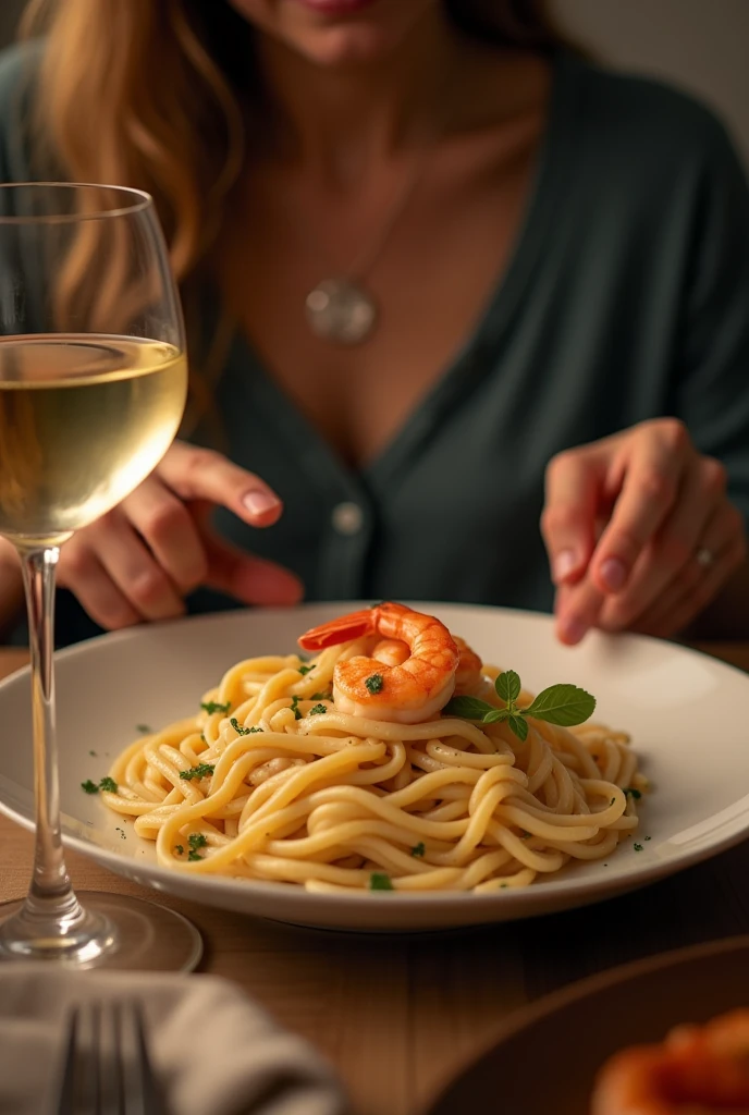 dinner at home, plate served, pasta with white sauce and shrimp, glass of white wine, In the Half Light, seen in first person. as if it were a photo taken on a cell phone for social media