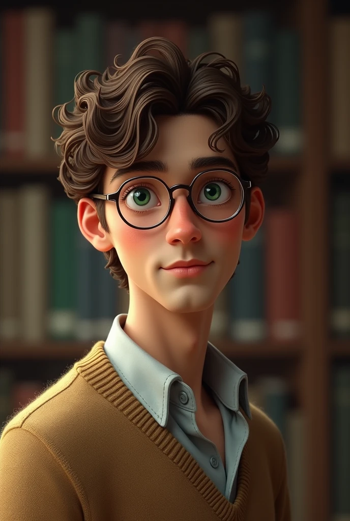 Tall boy short brown curly hair, green eyes, Italian factions, thesis clara, dressed in a sweater over a shirt and with round glasses. in realistic style