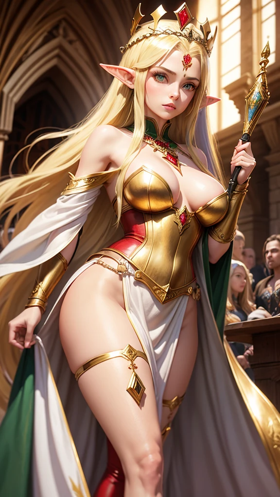 Woman, beautiful half naked, queen elf, greeneyes, long, straight, golden hair, a crown on top of her head, gold and ruby ornament on her forehead, bountiful breasts, RPG armor, RPG Clériga, elf ears, leather corset, long robe, jewels and ornaments at the waist, wearing pantyhose, flying in the middle of the castle hall.