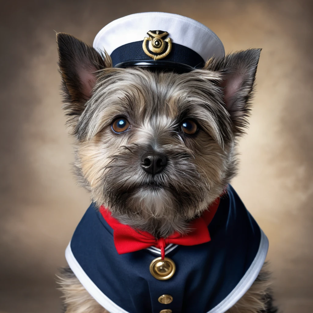 a gray cairn terrier dog wearing sailor outfit,detailed puppy face,beautiful eyes,extremely detailed,photorealistic,8k,masterpiece,professional,beautiful lighting,dramatic lighting,vibrant colors,soft focus,cinematic composition,adorable,cute,charming