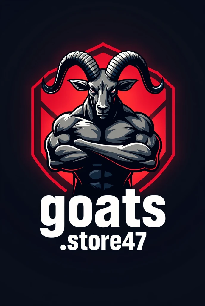 I need a logo of a goat posing with the letters goats.store47 with a dark background and red details so that only the torso can be seen