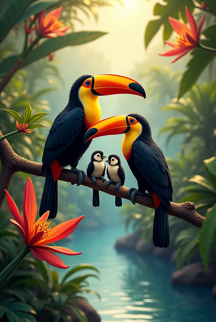 A pair of toucans hanging from a tree with their two babies accompanied by flowers and heliconias on the banks of a crystal-clear river at dawn 