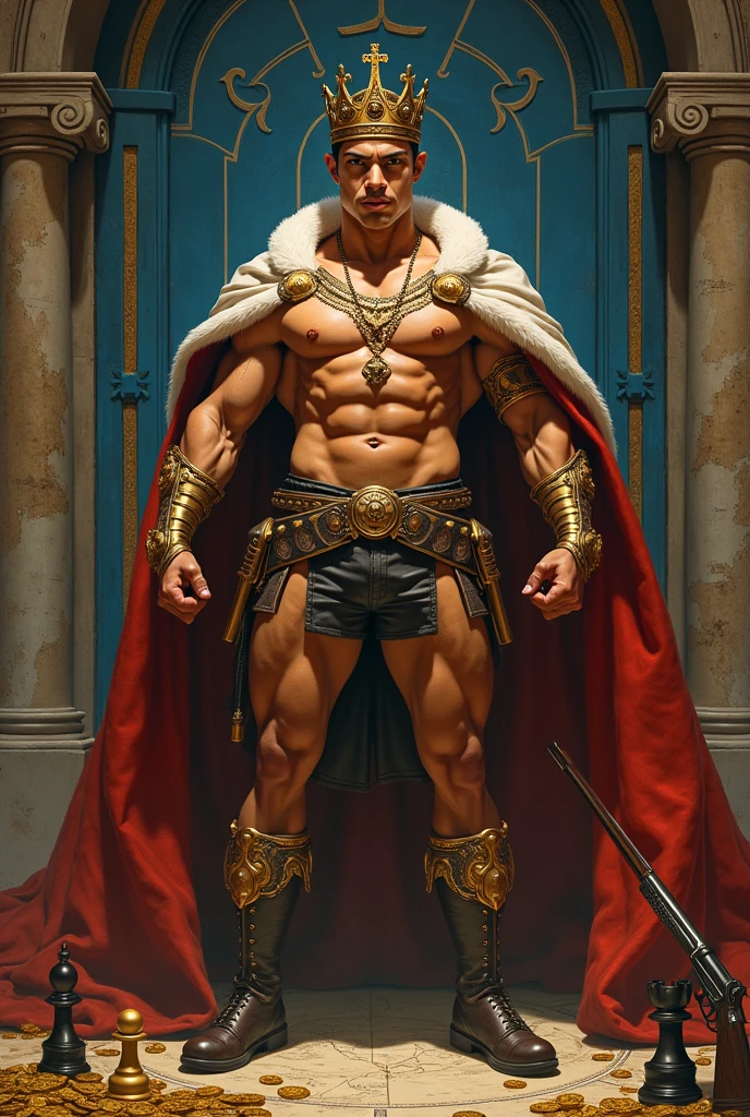 in paul cadmus and jc leyendecker art style, fullbody, detailed face, front view, cute, gorgeous, perfect anatomy, fullbody, king, WEARING A CROWN divine proportion, furious gaze, sinic smile, detailed realistic skinny muscles, standing, latino young man playing chess, maps, golden coins, shotgun, rich intrincate background blue metal stone column behind
