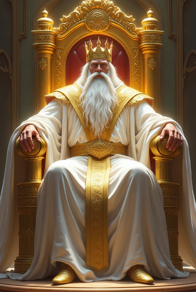 a great king sitting and leaning on a great and exalted throne all of gold. This king has a big white beard, very long white hair, white skin and a golden crown on his head. This being has white clothes, a golden belt and shoulder armor. this king is powerful and majestic.