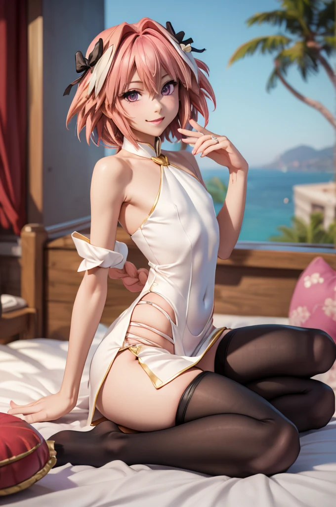 ((masterpiece)), ((best quality)), (detailed), astolfo, Beautiful, Beautifu and slim perfect body, slim body, really female, slim female body, female, flat chest, Pectorals, not breasts, very innocent smile, innocent smile, femboy, , boy, bright pink hair, really spiky hair, short hair, a long braid, lock of white hair on left side, perfect, solo, gorgeous femenine person, one piece dress, wedding dress, mini dress, dress without shoulder, wedding mini dress without shoulder, bridal veil on the head, small bulge, luscious lips, long hair, flat chest, Pectorals, not breasts, sexy,