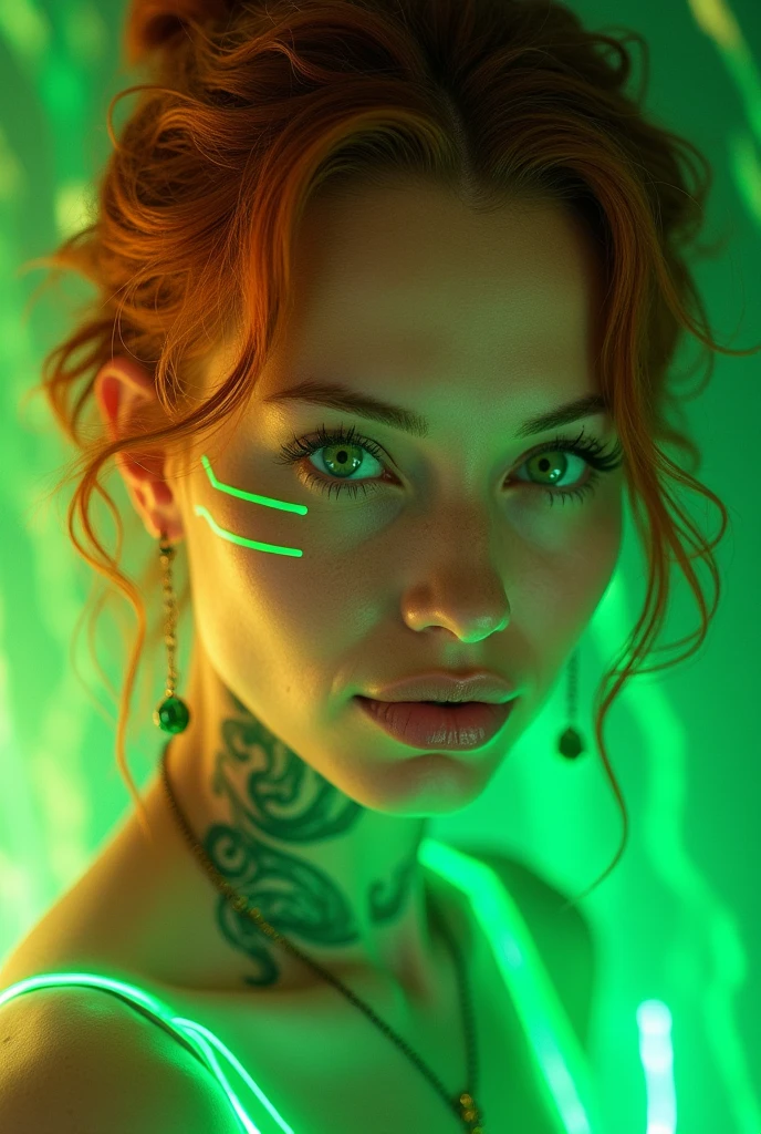 "Hyper-realistic portrait of a beautiful woman with a symmetrical face and light, lightly tanned and radiant skin. Background Splash of colorful and bright light, forms natural contours with splashes of iridescent green light, creating a contrast with a (((Tattoos in shades of green like neon lines, elongated and black adorn one side of the face and neck))), Green stone earrings and necklace. Fluttering curly red hair, with extremely detailed and crystal clear green eyes, capturing the light vividly. and specific, long and well-defined. Full mouth with a subtle shine, accentuating its soft expression.