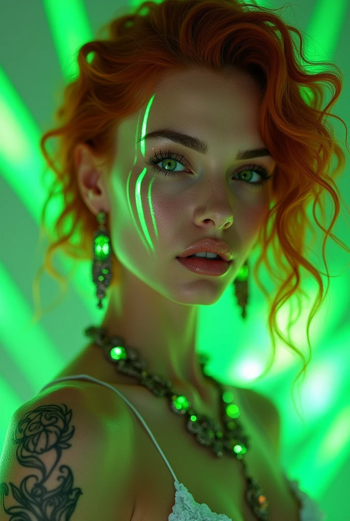 "Hyper-realistic portrait of a beautiful woman with a symmetrical face and light, lightly tanned and radiant skin. Background Splash of colorful and bright light, forms natural contours with splashes of iridescent green light, creating a contrast with a (((Tattoos in shades of green like neon lines, elongated and black adorn one side of the face and neck))), Green stone earrings and necklace. Fluttering curly red hair, with extremely detailed and crystal clear green eyes, capturing the light vividly. and specific, long and well-defined. Full mouth with a subtle shine, accentuating its soft expression.