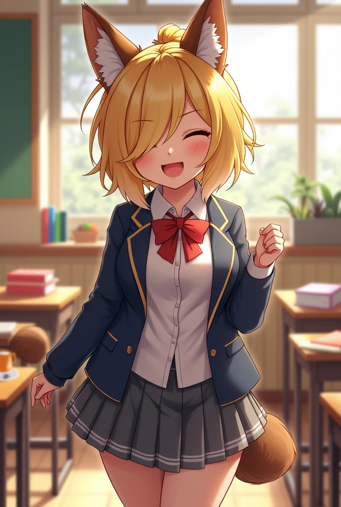 day time,detailed background,intricate details,masterpiece,best quality,1girl,solo,happy,indoors,classroom,desk,books,schoolgirl uniform,school uniform,skirt,uploaded on e621,hdr,((by pakwan008, by chadthecartoonnut, by marthedog)),whisperthewolf,brown fur,dark brown fur,blonde hair,ponytail,hair over one eye,(closed eyes:1.2),white fur near the eyes,fangs, thick thighs wide hips tiny waist big boobs