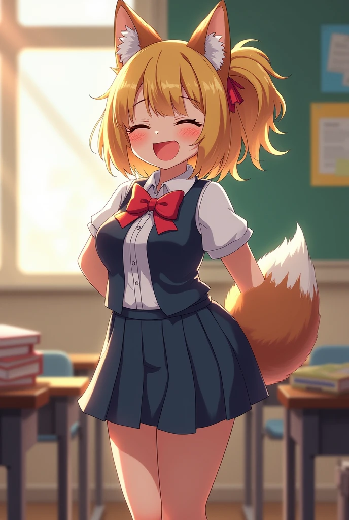 day time,detailed background,intricate details,masterpiece,best quality,1girl,solo,happy,indoors,classroom,desk,books,schoolgirl uniform,school uniform,skirt,uploaded on e621,hdr,((by pakwan008, by chadthecartoonnut, by marthedog)),whisperthewolf,brown fur,dark brown fur,blonde hair,ponytail,hair over one eye,(closed eyes:1.2),white fur near the eyes,fangs, thick thighs wide hips tiny waist big boobs