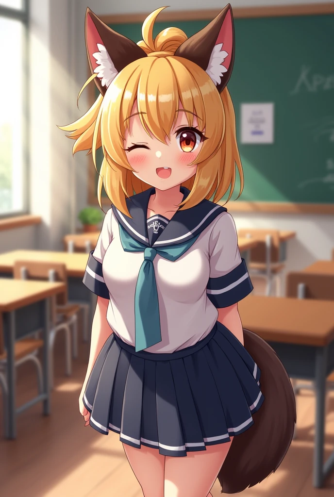 day time,detailed background,intricate details,masterpiece,best quality,1girl,solo,happy,indoors,classroom,desk,books,schoolgirl uniform,school uniform,skirt,uploaded on e621,hdr,((by pakwan008, by chadthecartoonnut, by marthedog)),whisperthewolf,brown fur,dark brown fur,blonde hair,ponytail,hair over one eye,(closed eyes:1.2),white fur near the eyes,fangs, thick thighs wide hips tiny waist big boobs