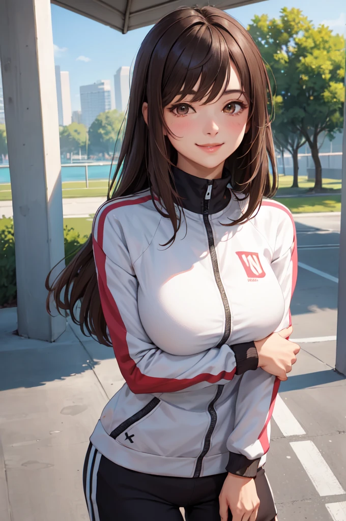 1lady standing, mature female, /(stylish tracksuit long sleeve/) /(sports shorts/), /(brown hair/) bangs, blush kind smile, (masterpiece best quality:1.2) delicate illustration ultra-detailed, large breasts, arms down BREAK /(pubric park outdoors/), detailed background