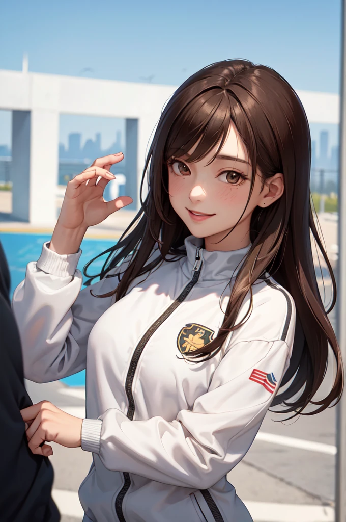 1lady standing, mature female, /(stylish tracksuit long sleeve/) /(sports shorts/), /(brown hair/) bangs, blush kind smile, (masterpiece best quality:1.2) delicate illustration ultra-detailed, large breasts, arms down BREAK /(pubric park outdoors/), detailed background