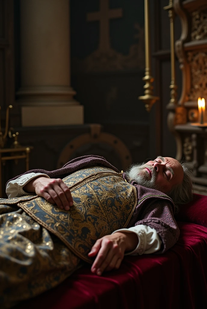 En el año 939, la muerte de Æthelstan marcó el final de una era crucial en la historia de Inglaterra.
King Æthelstan"dying in bed"medieval"royal garments"Gloucester"lying still with eyes closed"historical palace room"somber atmosphere"long shot"hyper-realistic, photo realism, cinematography. The lens size should be 200 mm, aperture setting f/4.5, and ISO 1600. The medium should be color photography.