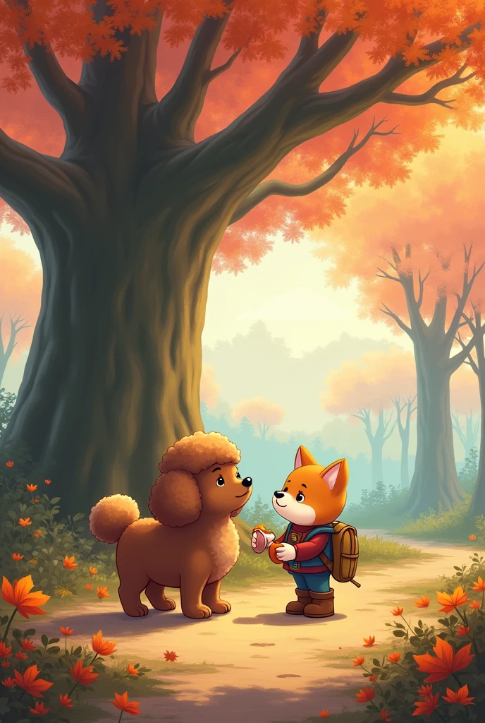 Towering Tree々and、A serene and fantastical autumn forest landscape with sunlight filtering through the trees。A huge fluffy toy poodle、It has soft and rounded characteristics、茶色の毛皮をまandって、Standing on a dirt path。The Shiba Inu、Small object with front paws(For example, a bowl)I have。Before that、A little dwarf、Carrying a rucksack on your back、In outdoor clothes、The dog is looking up at the dog in surprise.。The atmosphere is peaceful and a little magical.、驚きand静けさを感じさせるファンタジーの要素を含んでいます