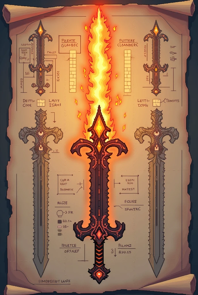 Create a sword for Minecraft pixel art a sword on a paper as a drawing as a floor plan of a project to do in several perspectives, should look like a rare hot fire blade