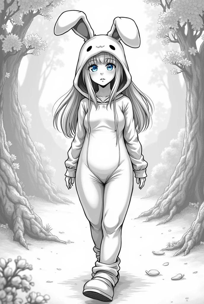 Monochrome manga style, youthful girl aged 18, striking blue eyes, porcelain pale skin, luminous white hair cascading down, hourglass figure accentuated in form-fitting bunny costume, average height enhancing relatability, expression radiating playful charm and innocence, dynamically posed within an enchanting backdrop, intricate detailing emphasizing character features in traditional manga style, expressive large eyes drawing viewers into the narrative, soft shadows and highlights creating depth, sharply defined lines emphasizing contours and movement, whimsical touches reflecting the playful nature of the bunny costume, characters illustrated in a way that embodies the unique aesthetic of manga with smooth hatching techniques, careful attention to fabric details of the costume blending texture and form, capturing the essence of youthful exuberance in a light-hearted narrative, visually appealing composition highlighting enchanting innocence and charm, monochrome palette enhancing dramatic effect, sharply contrasting blacks and whites, perfectly balancing character design with background intricacies, balancing light and shadow for a dreamy effect reminiscent of classic manga aesthetics.