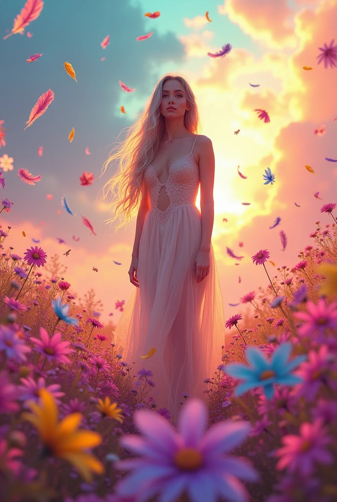 Digital art: Sabrina carpenter on a colorful flower field, feathers falling, full body, flames
