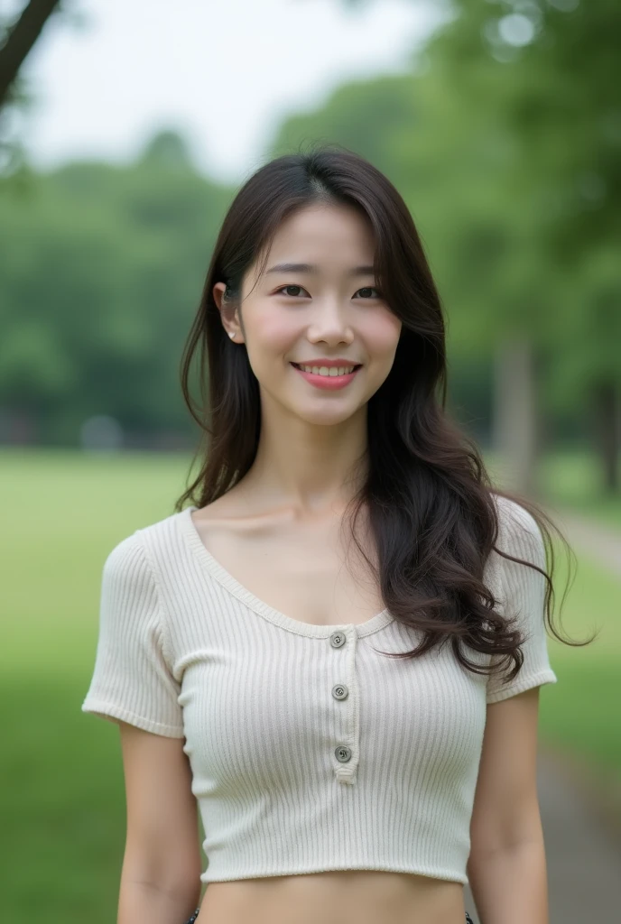 Young fair-skinned Japanese woman。Walking in the park wearing a short-sleeved summer knit made of cool fabric。Sexy chest。The sky is cloudy。Selfie-style images。