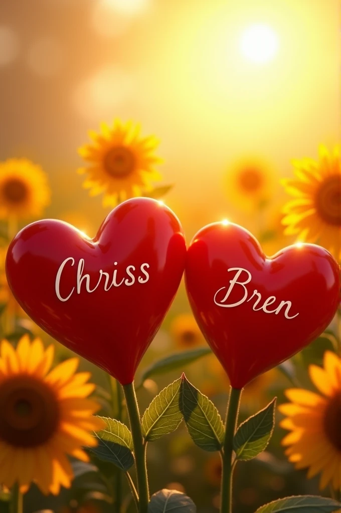In a field of sunflowers two red hearts and on the edge of the silver heart in the first heart the name of Chriss and in the second heart the name of Bren with a radiant sun