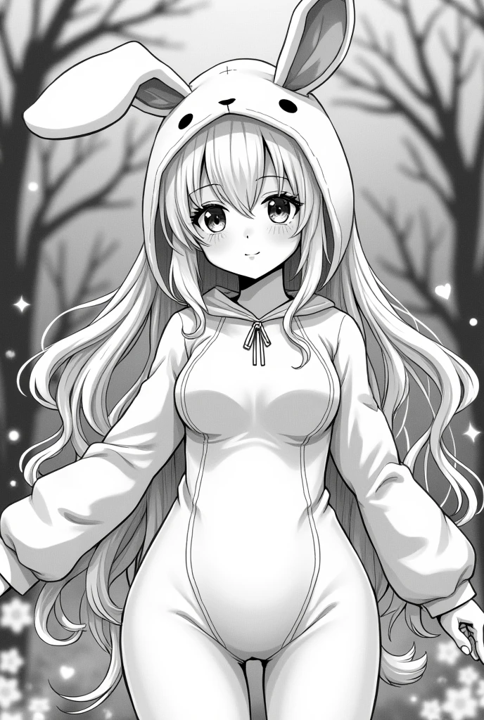 Monochrome manga style, youthful girl aged 18, striking blue eyes, porcelain pale skin, luminous white hair cascading down, hourglass figure accentuated in form-fitting bunny costume, average height enhancing relatability, expression radiating playful charm and innocence, dynamically posed within an enchanting backdrop, intricate detailing emphasizing character features in traditional manga style, expressive large eyes drawing viewers into the narrative, soft shadows and highlights creating depth, sharply defined lines emphasizing contours and movement, whimsical touches reflecting the playful nature of the bunny costume, characters illustrated in a way that embodies the unique aesthetic of manga with smooth hatching techniques, careful attention to fabric details of the costume blending texture and form, capturing the essence of youthful exuberance in a light-hearted narrative, visually appealing composition highlighting enchanting innocence and charm, monochrome palette enhancing dramatic effect, sharply contrasting blacks and whites, perfectly balancing character design with background intricacies, balancing light and shadow for a dreamy effect reminiscent of classic manga aesthetics.